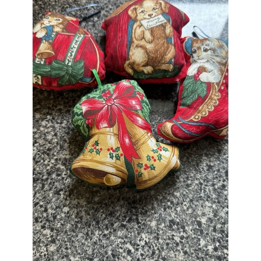 Vintage Cat/ Dog Stuffed Fabric Christmas Ornaments Handmade Vintage 1980